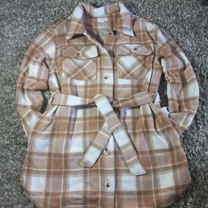 Time And Tru Plaid Tan and White Women's Jacket Coat Side Pockets Size M